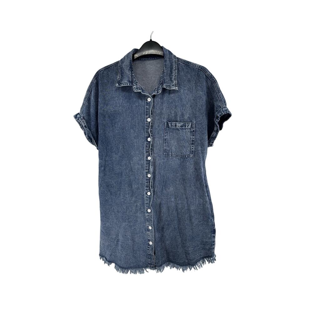 Thin Denim Shirt Dress Fringe Hem Size Medium 100% Cotton Cap Sleeve Button Up
